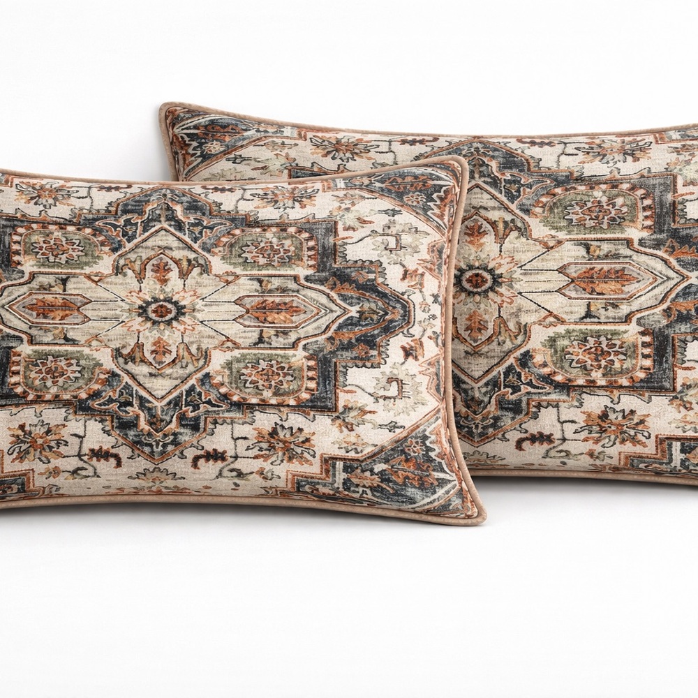 Vintage Medallion Lumbar Pillow Pair - Cream and Blue C4